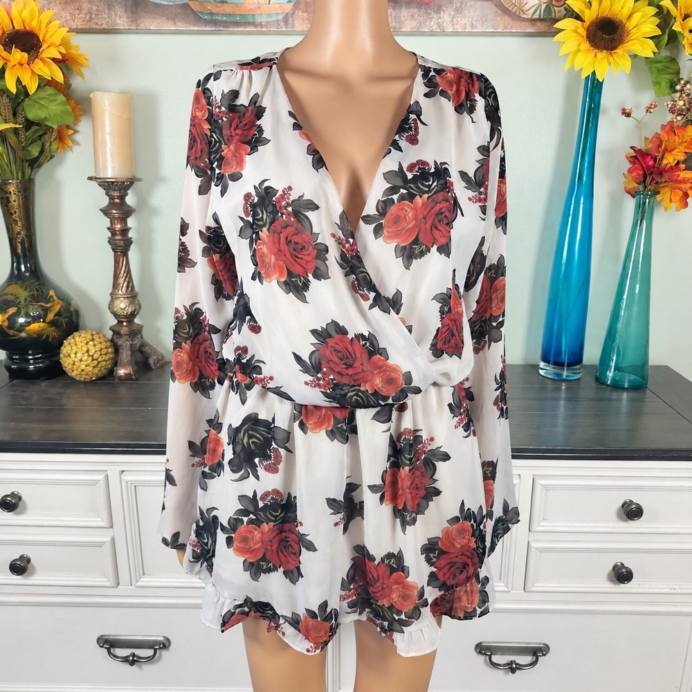 Honey Punch Floral Romper Rose Print Romantic Dark Floral Ruffle Boho Date Night